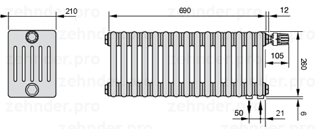 Схема (чертеж) Радиатор Zehnder Charleston 6026/15 №V002 Белый глянцевый RAL 9016